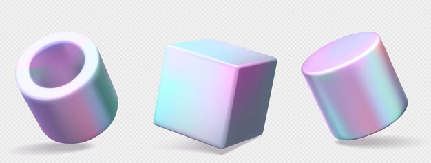 Set 3D realistico di figure geometriche iridescenti