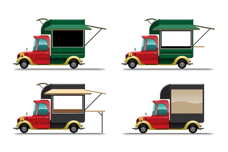 Vettore gratuito set bundle di auto camion di cibo con una varietà di dimensioni su sfondo bianco