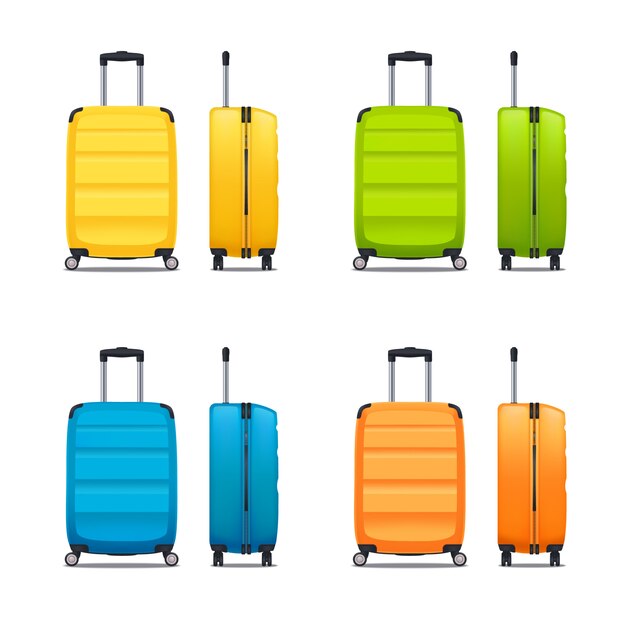 Set colorato di moderne valigie in plastica con ruote e maniglia a scomparsa