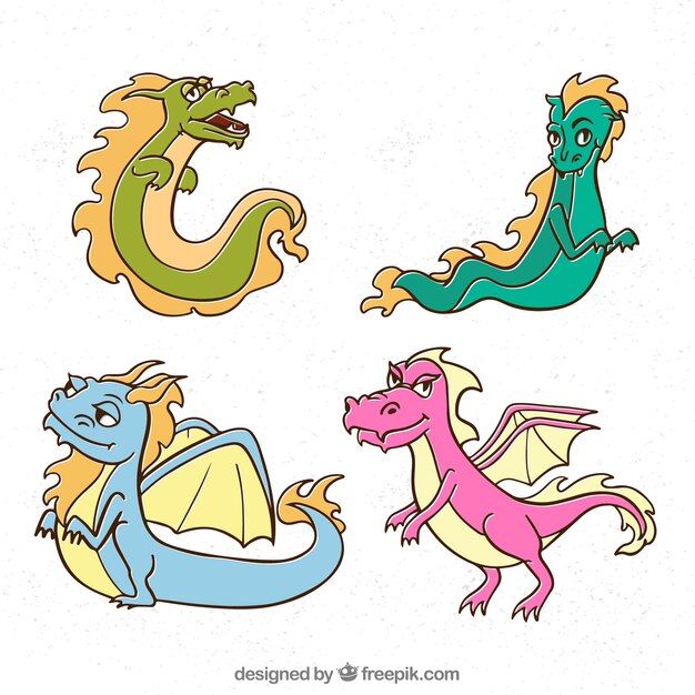 Set colorato di personaggi drago disegnati a mano