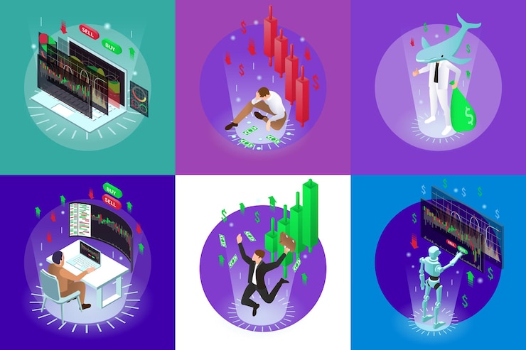 Vettore gratuito set commerciale con composizioni rotonde isolate di barre isometriche e icone grafiche con personaggi cyber umani illustrazione vettoriale