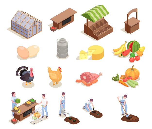 Set con icone isometriche del mercato agricolo locale isolato personaggi umani di pollame degli agricoltori e prodotti alimentari illustrazione vettoriale