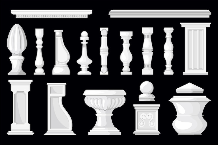 Vettore gratuito set con immagini isolate di balaustre in pietra vasi e colonne di colore bianco su sfondo nero illustrazione vettoriale