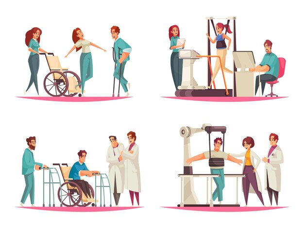 Set con quattro composizioni isolate in stile doodle con personaggi di elettrodomestici medici specialisti e illustrazione vettoriale di pazienti felici