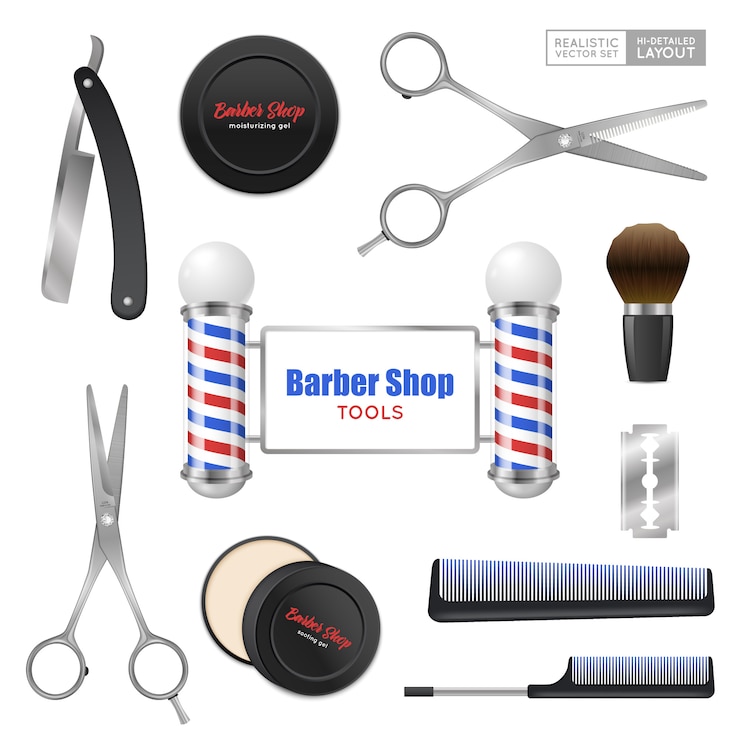Vettore gratuito set di accessori da barbiere realistico