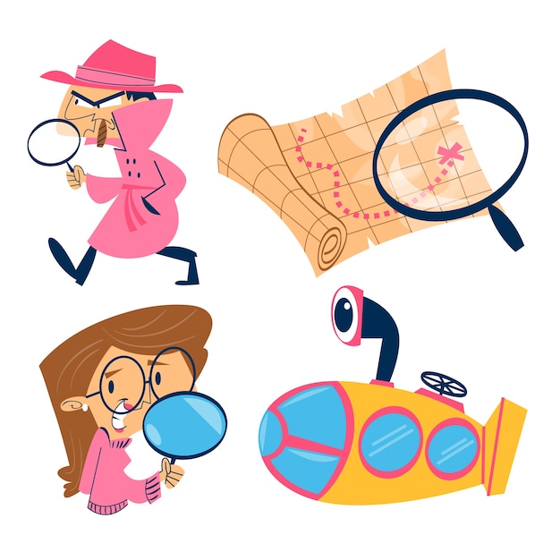 Set di adesivi doodle detective disegnati a mano