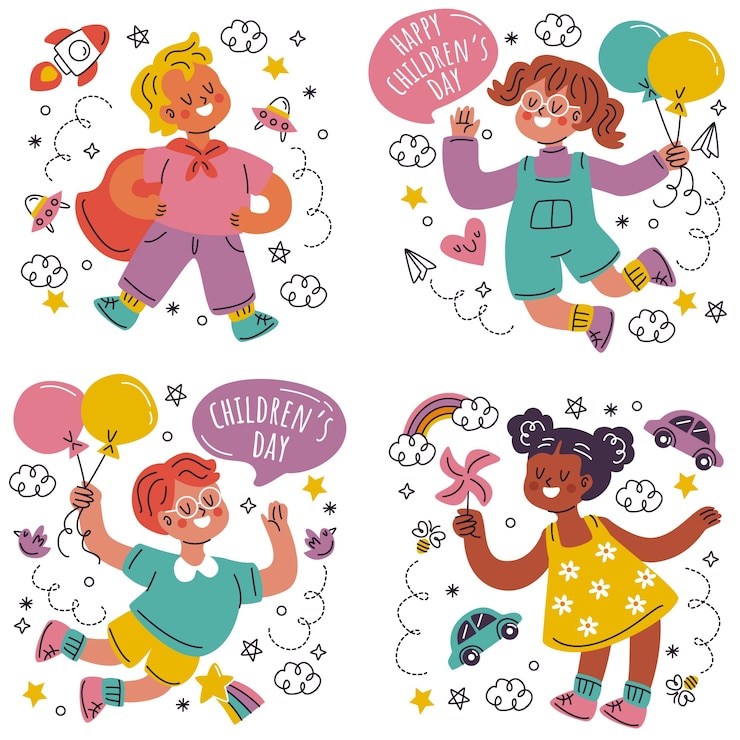 Vettore gratuito set di adesivi per il giorno dei bambini disegnati a mano di doodle