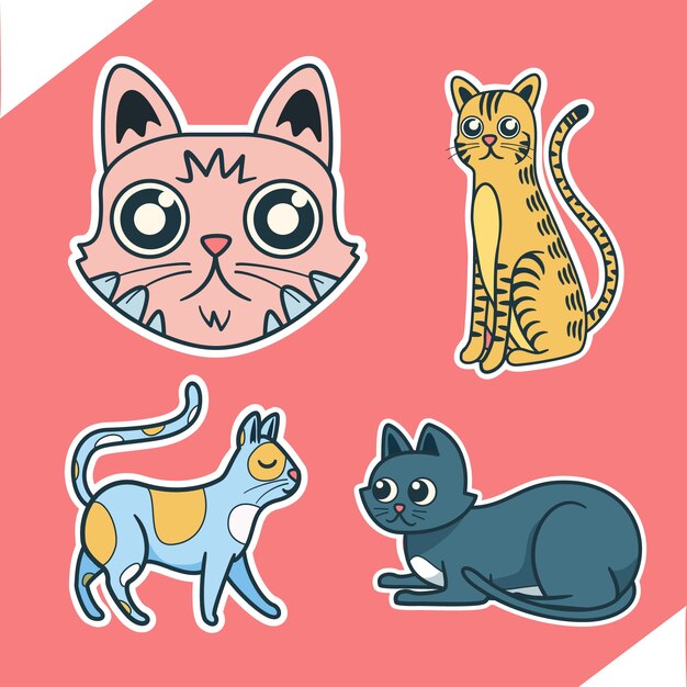 Set di adesivi per la giornata internazionale del gatto disegnati a mano