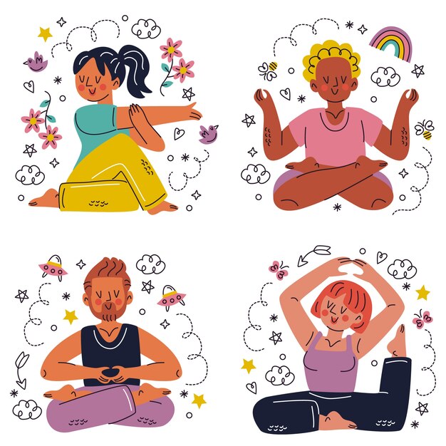 Set di adesivi per meditazione doodle disegnato a mano