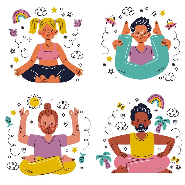 Set di adesivi per meditazione doodle disegnato a mano