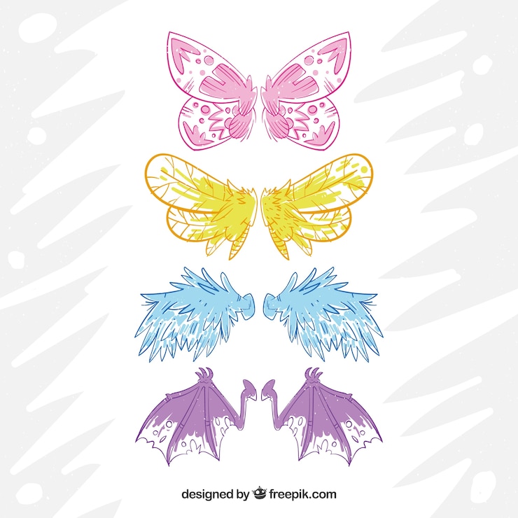 Vettore gratuito set di ali disegnate a mano di creature
