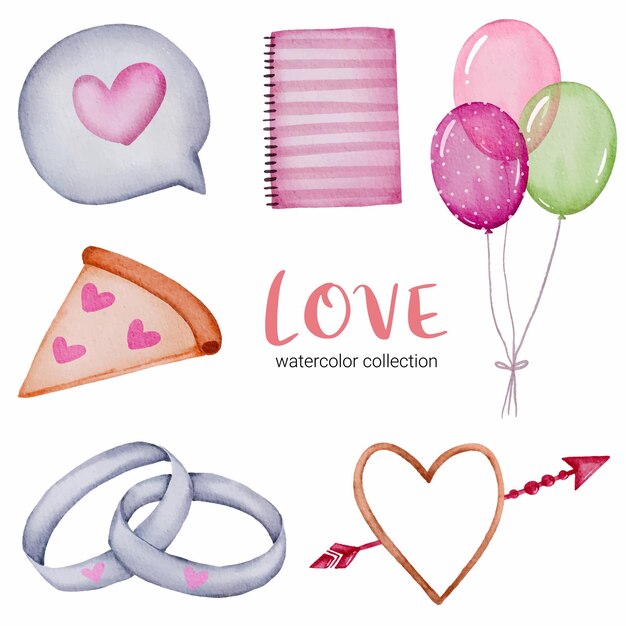 Set di amore callection, isolato acquerello valentine concept elemento adorabili romantici cuori rosso-rosa per la decorazione, illustrazione