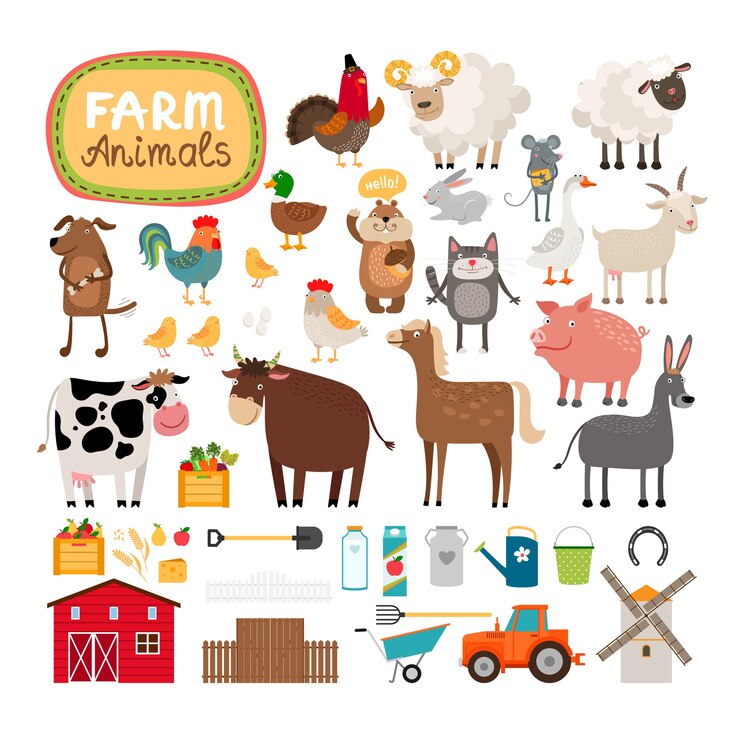 Vettore gratuito set di animali da fattoria e accessori agricoli.
