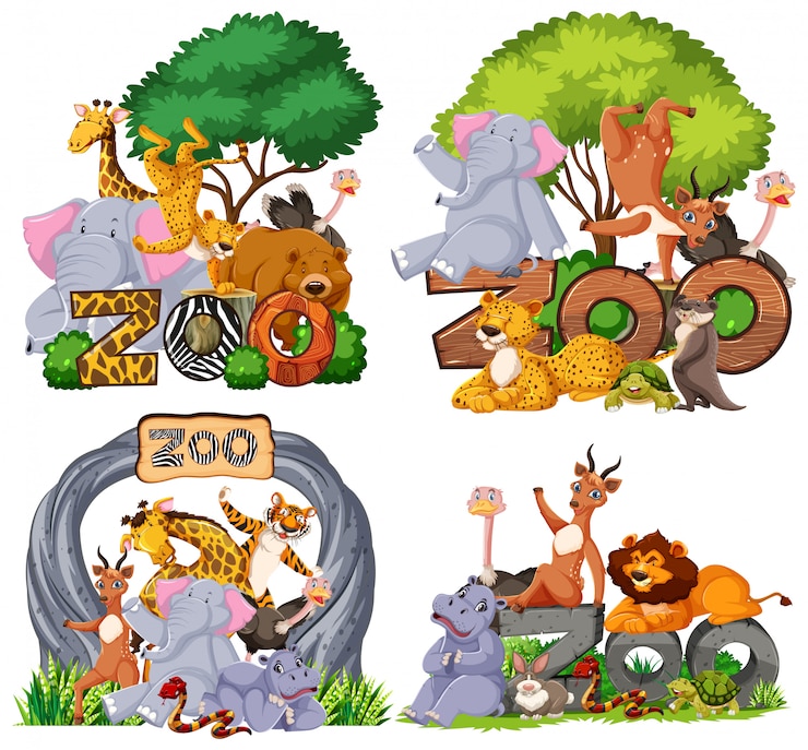 Vettore gratuito set di animali da zoo con banner