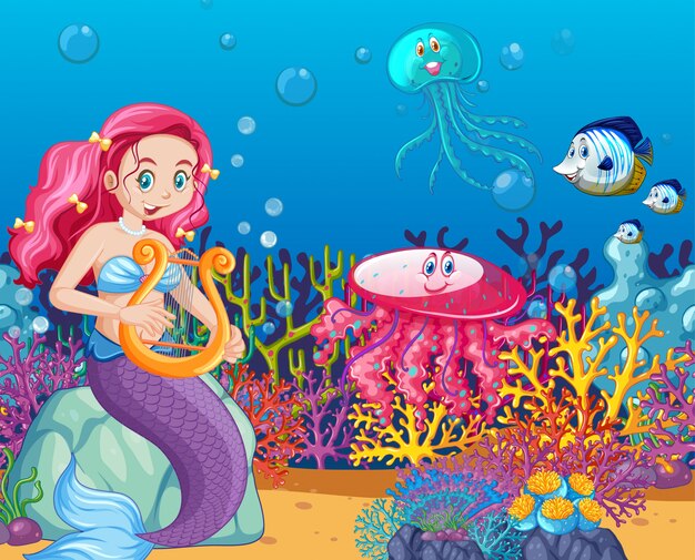 Set di animali marini e sirena in stile cartone animato sullo sfondo del mare