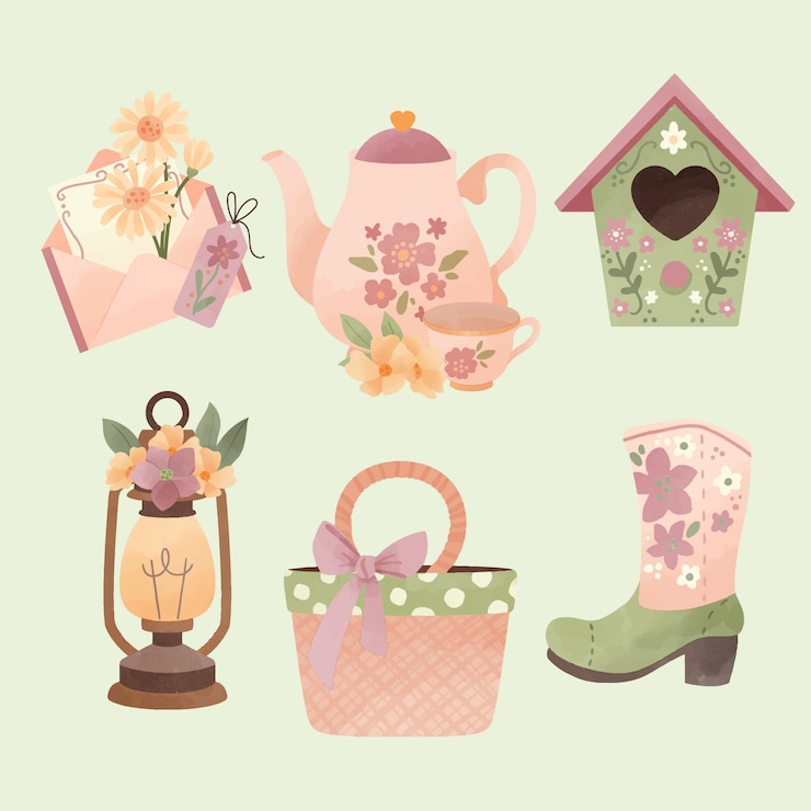 Vettore gratuito set di articoli acquerello cottage core
