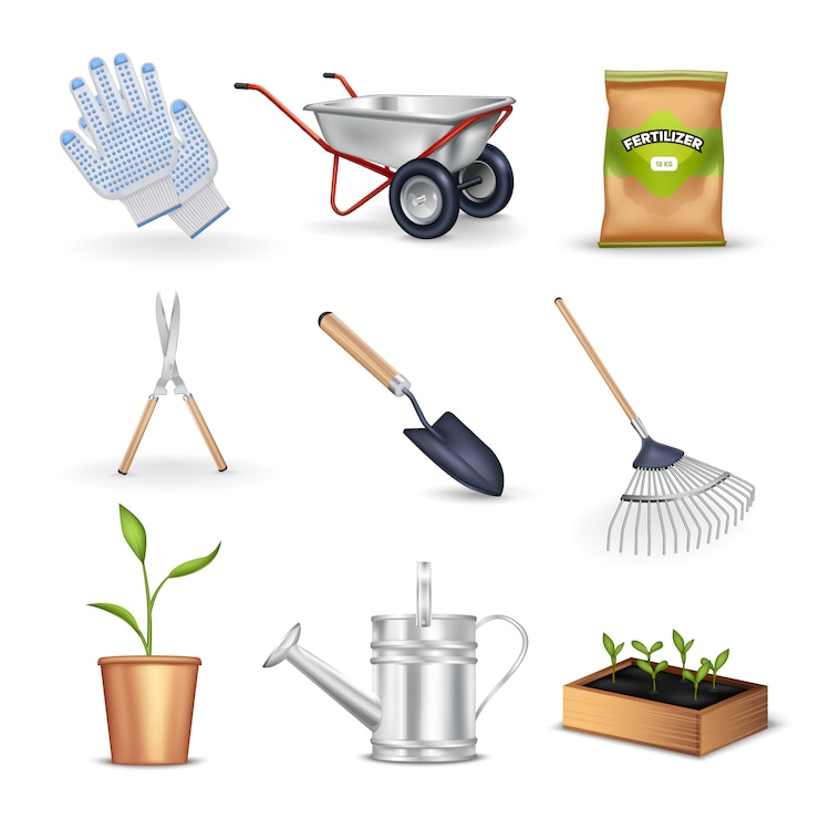 Vettore gratuito set di attrezzi da giardinaggio