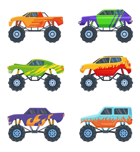 Set di auto mostro. Camion variopinti del fumetto su grandi ruote, giocattoli per bambini isolati su bianco