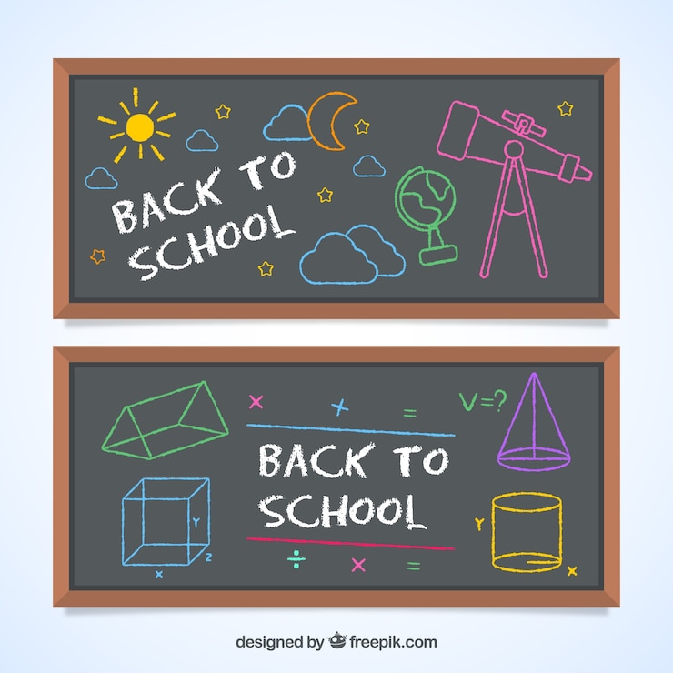 Vettore gratuito set di back to school banner di lavagna con disegni