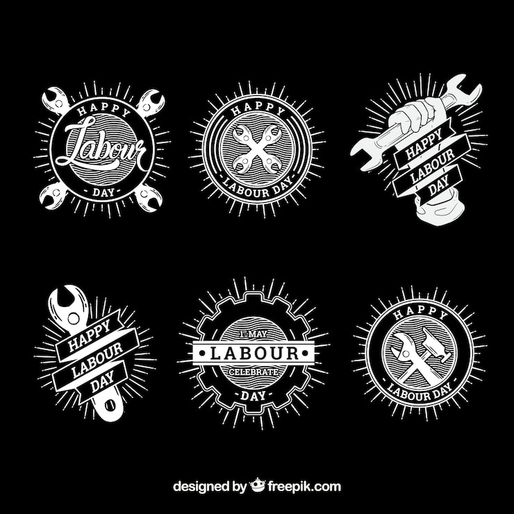 Vettore gratuito set di badge disegnato giorno del lavoro in mano stile disegnato