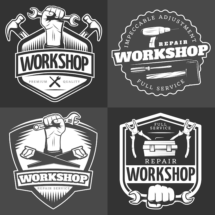 Vettore gratuito set di badge officina riparazione vintage