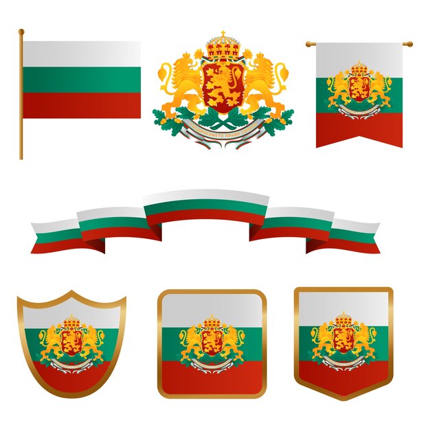 Set di bandiere bulgare sfumate ed emblemi nazionali
