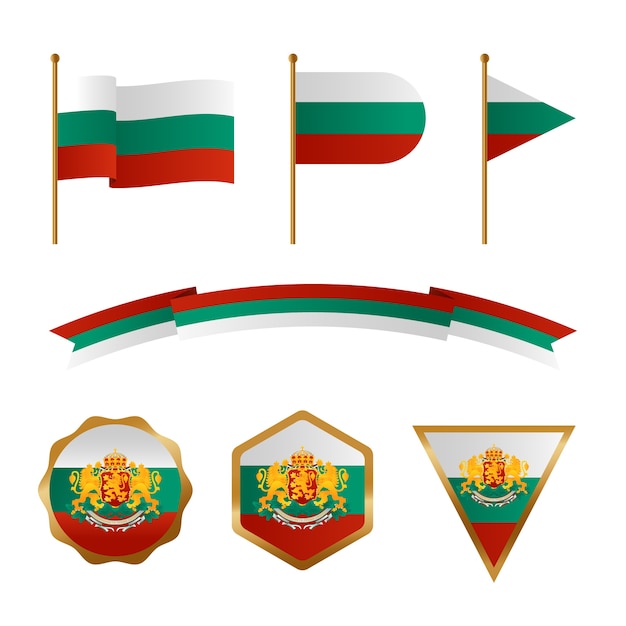 Set di bandiere bulgare sfumate ed emblemi nazionali