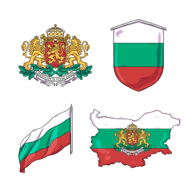 Set di bandiere bulgare sfumate ed emblemi nazionali