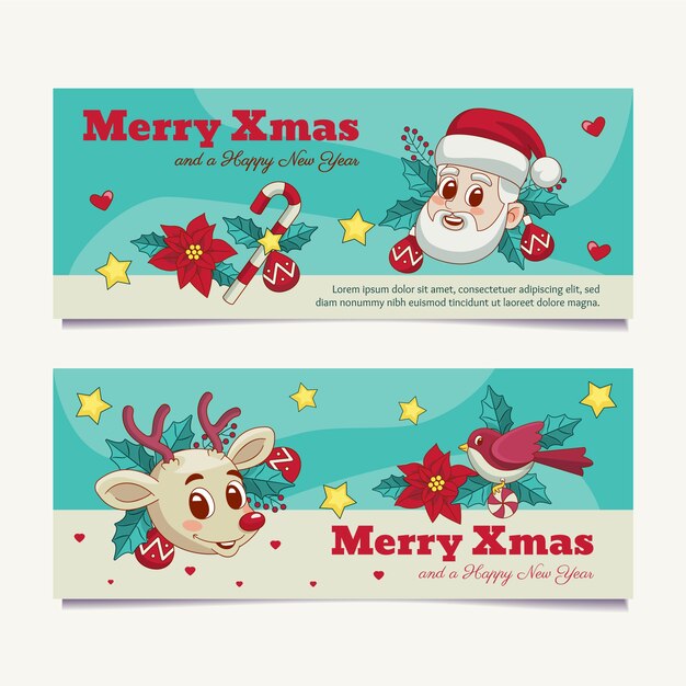Set di bandiere di natale orizzontali disegnate a mano