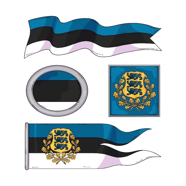 Set di bandiere estoni sfumati ed emblemi nazionali