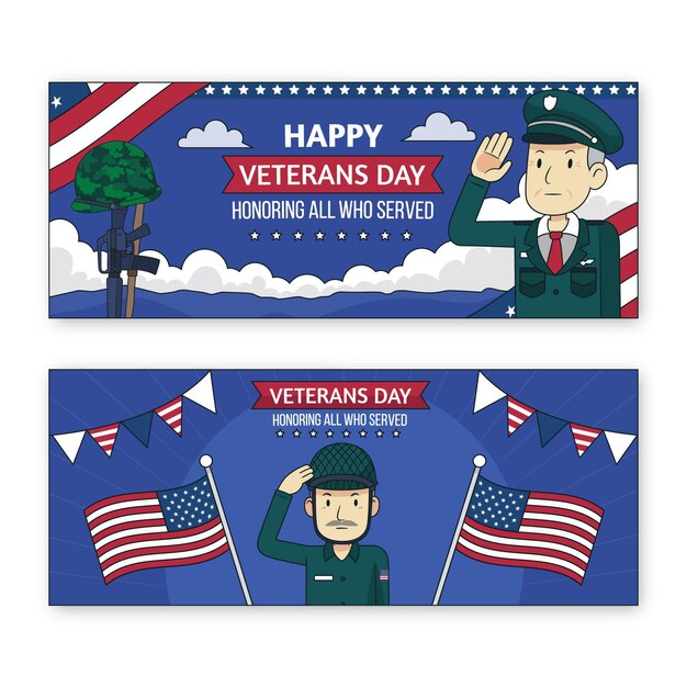 Set di bandiere orizzontali del giorno del veterano disegnate a mano