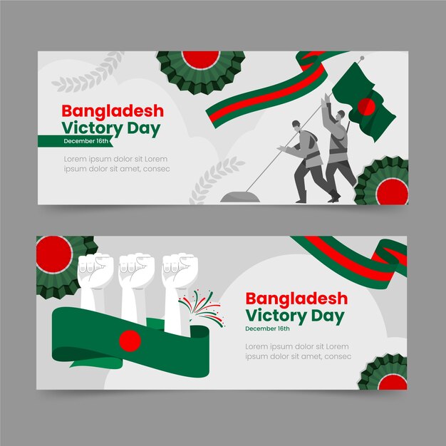 Set di bandiere orizzontali del giorno della vittoria del Bangladesh piatto disegnato a mano
