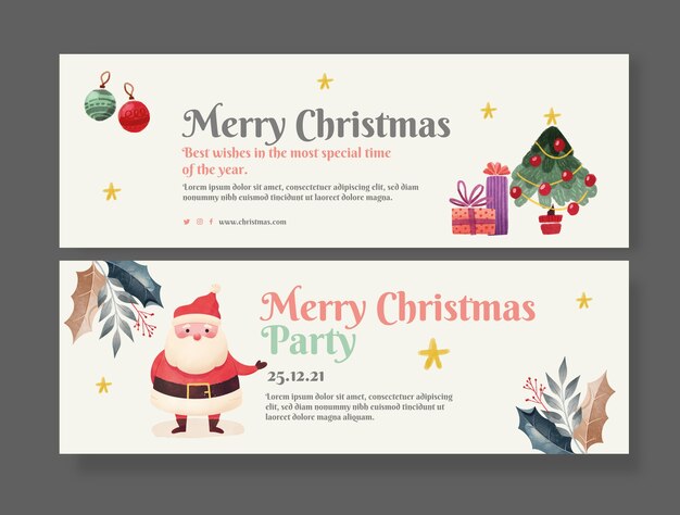 Set di bandiere orizzontali di natale dell'acquerello