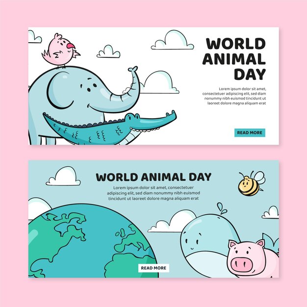 Set di bandiere orizzontali disegnate a mano per la giornata mondiale degli animali
