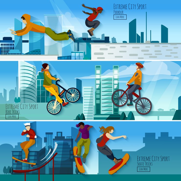 Vettore gratuito set di bandiere piane di extreme city sport