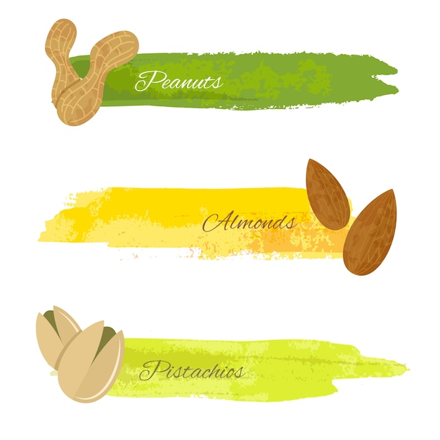 Set di banner colorati grunge con dadi di mandorle pistacchio isolato su bianco illustrazione vettoriale