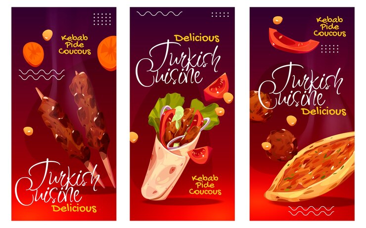 Vettore gratuito set di banner di cucina turca disegnati a mano