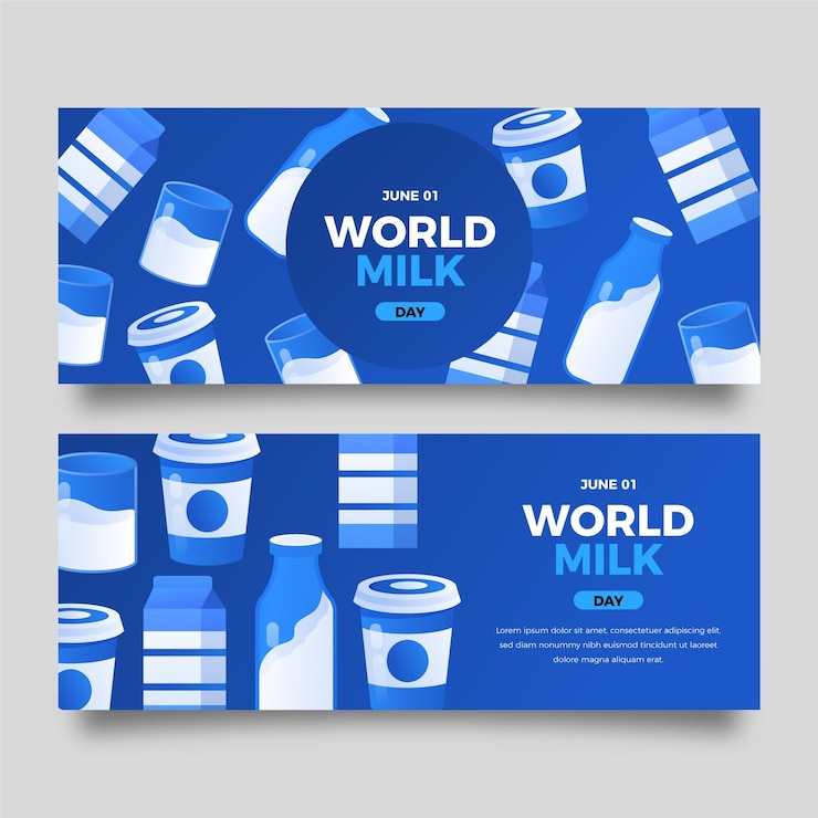 Vettore gratuito set di banner di giornata mondiale del latte orizzontale gradiente