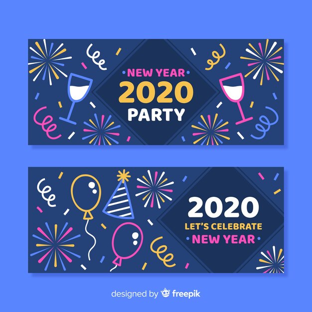 Set di banner di partito design piatto nuovo anno 2020