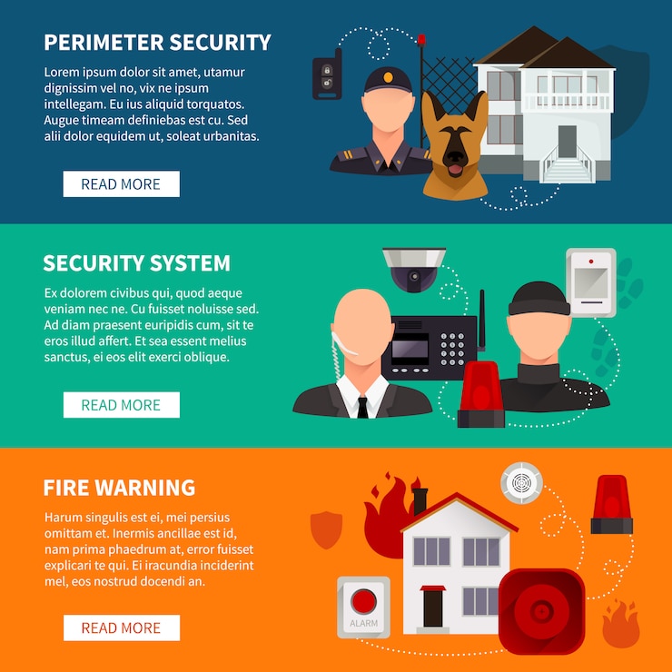 Vettore gratuito set di banner di sicurezza domestica di allarme di sistema elettronico di sicurezza antincendio