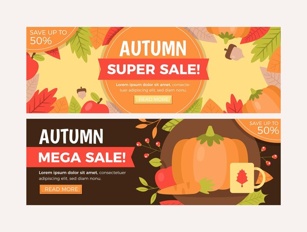 Set di banner di vendita orizzontale autunnale piatto