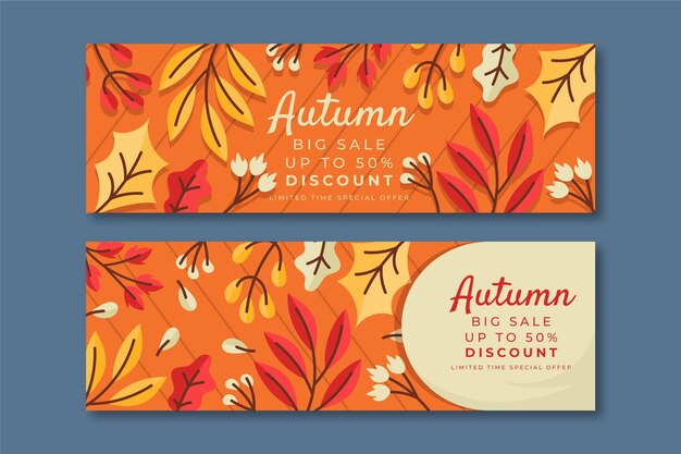 Set di banner di vendita orizzontale autunno piatto disegnato a mano