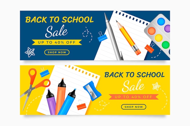 Set di banner di vendita orizzontali realistici per il ritorno a scuola