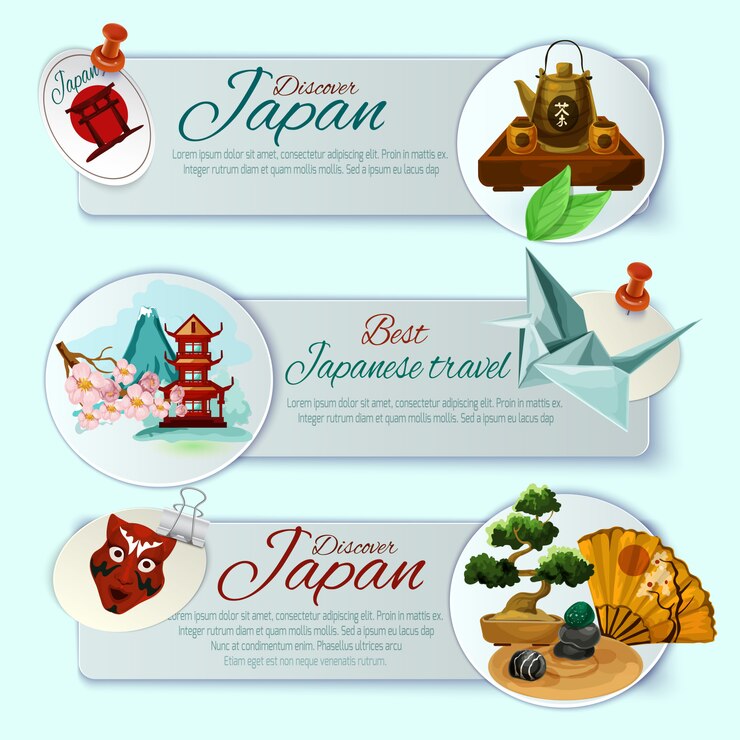 Vettore gratuito set di banner di viaggio in giappone