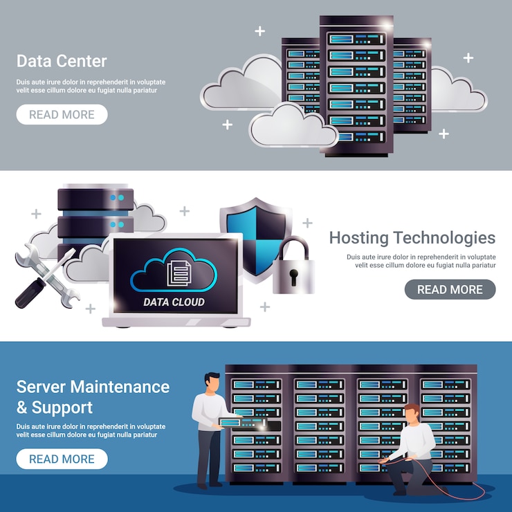 Vettore gratuito set di banner orizzontale di datacenter