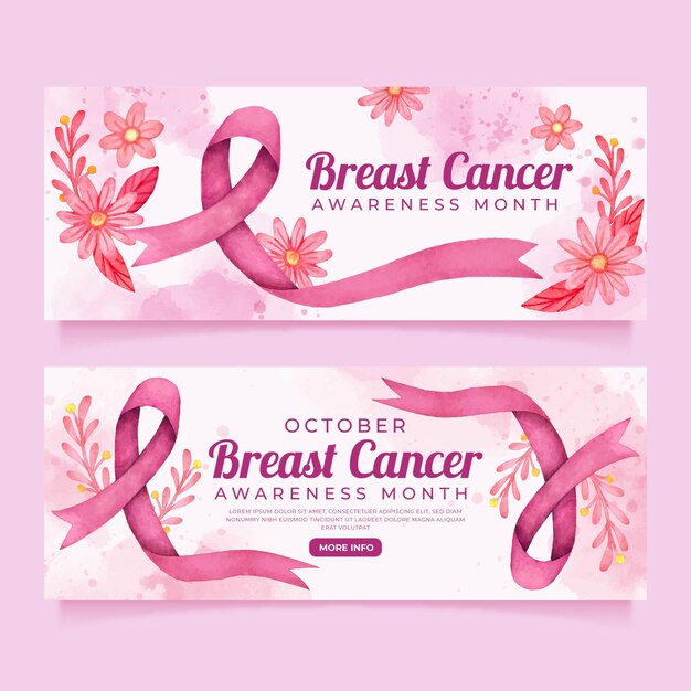 Set di banner orizzontali del mese di consapevolezza del cancro al seno dell'acquerello