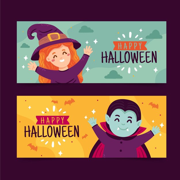 Set di banner orizzontali di halloween piatto disegnato a mano