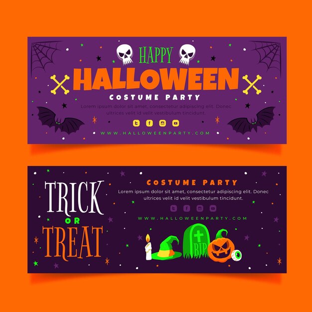 Set di banner orizzontali di halloween piatto disegnato a mano