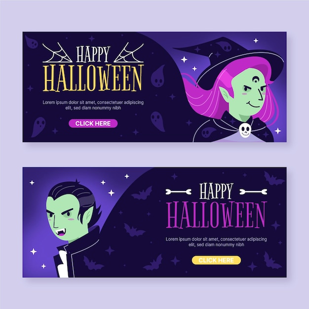Set di banner orizzontali di halloween piatto disegnato a mano