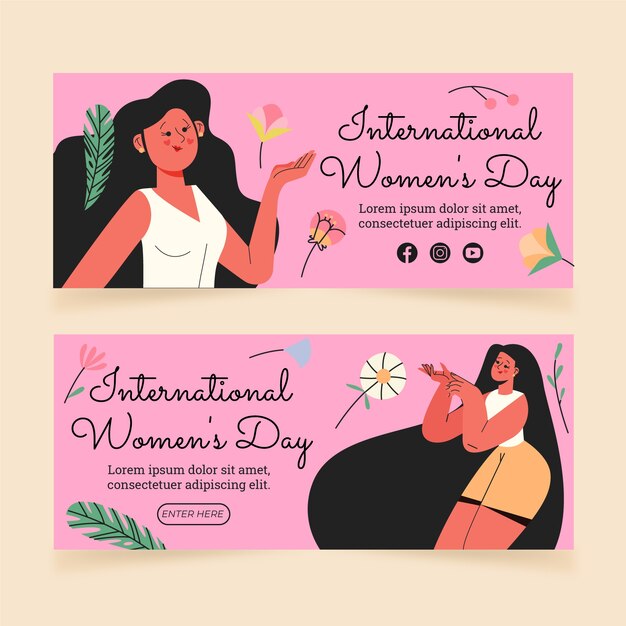 Set di banner orizzontali di vendita giornata internazionale della donna disegnati a mano